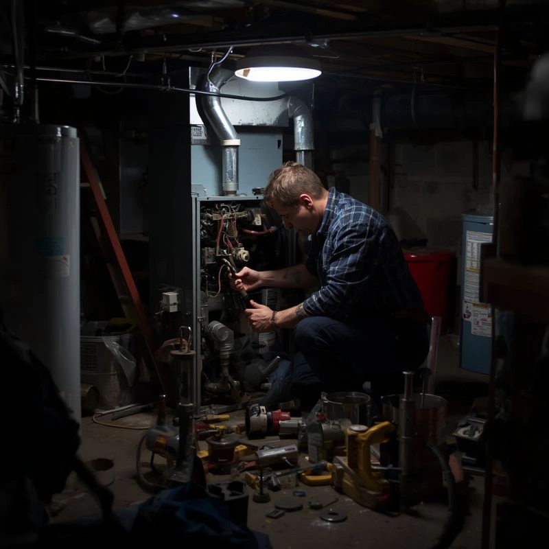An HVAC specialist working on an open electrical panel of a basement heating unit surrounded by service tools.