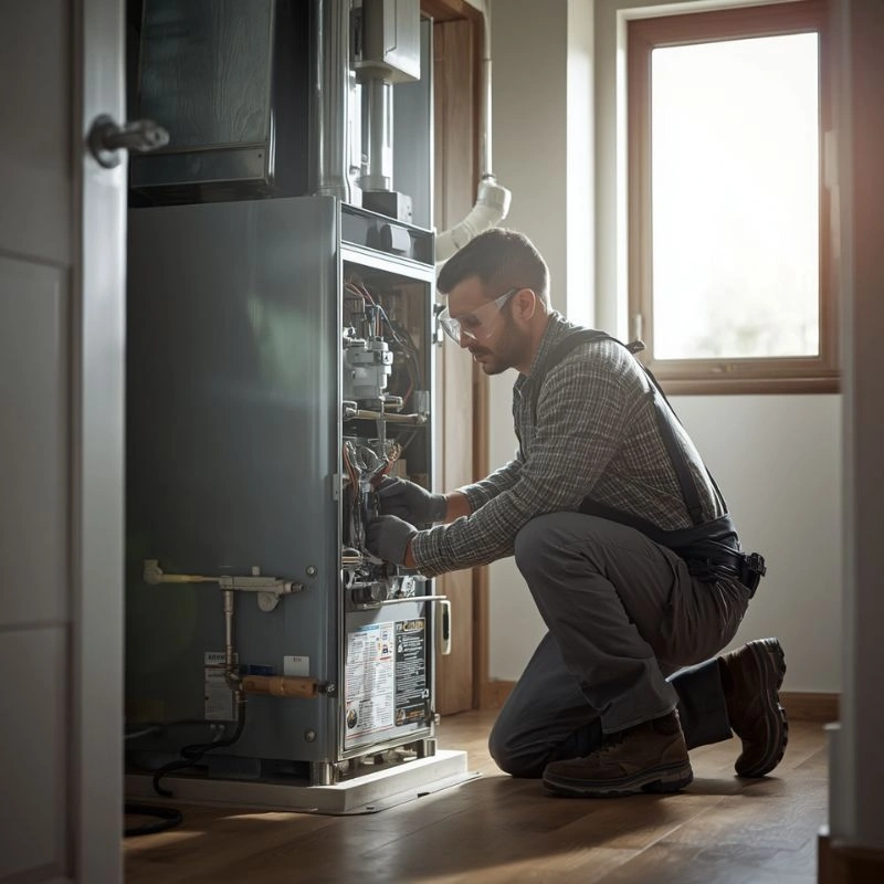 A technician in protective eyewear analyzing the internal wiring assembly of an open residential furnace system.