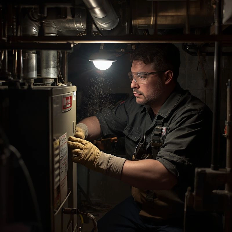 An HVAC professional using a utility light to inspect internal components of a residential heating system unit.