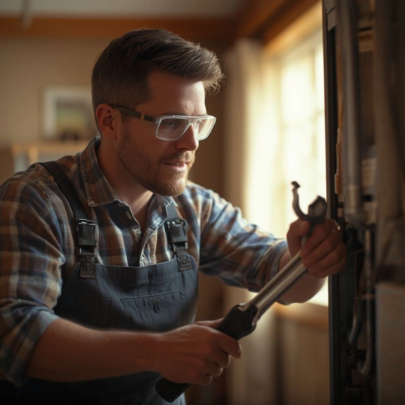 A close-up of an HVAC service technician adjusting a hardware latch on a residential climate unit.