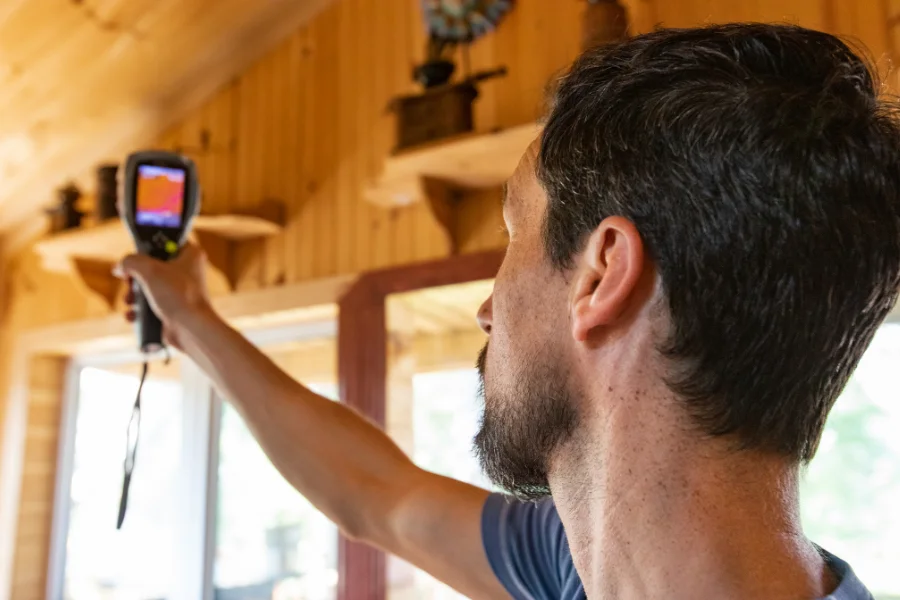 Specialist using an infrared thermal imaging device to check for drafts and insulation leaks in Lake Arrowhead.