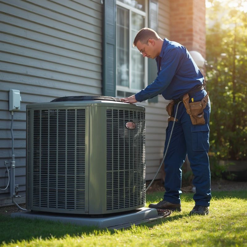 A technician analyzing air flow clearances on a green residential outdoor climate unit in Riverside.