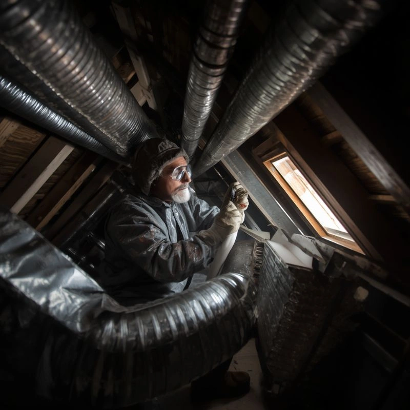 An HVAC specialist tape-sealing flexible silver pipe seams during an attic ventilation replacement project in Redlands.