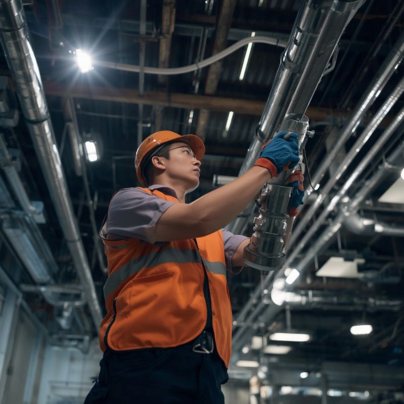 A safety-certified technician securing heavy industrial air lines during a commercial airflow setup in Fontana.