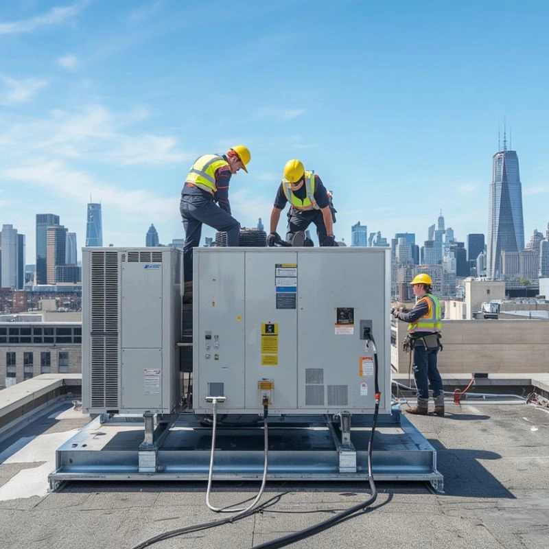 A team of professional technicians performing a detailed commercial hvac service on a city rooftop in Colton.