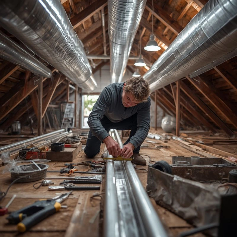 A professional installer aligning rigid distribution lines during a residential ductwork installation in Colton.