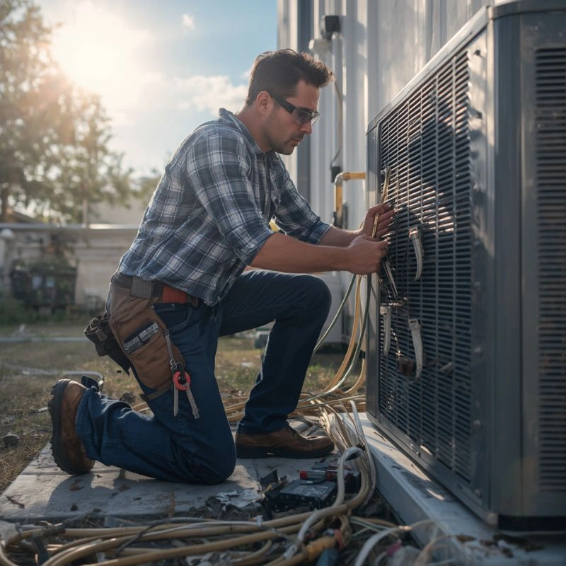 A professional technician troubleshooting electrical wiring panels on a backyard compressor unit during an emergency ac repair.