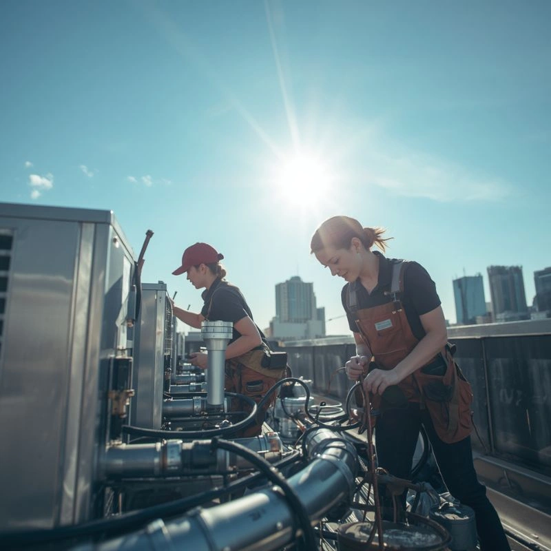 Two technicians calibrating fluid pipe connections during routine facility climate maintenance on a roof in Redlands.