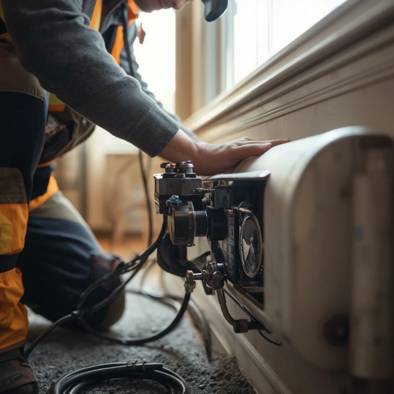 A professional technician installing and adjusting valves on a modern home baseboard heating unit in Colton.