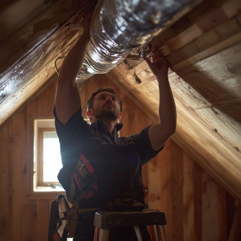 A professional installer mounting a flexible silver air line against a sloped residential wooden ceiling frame.