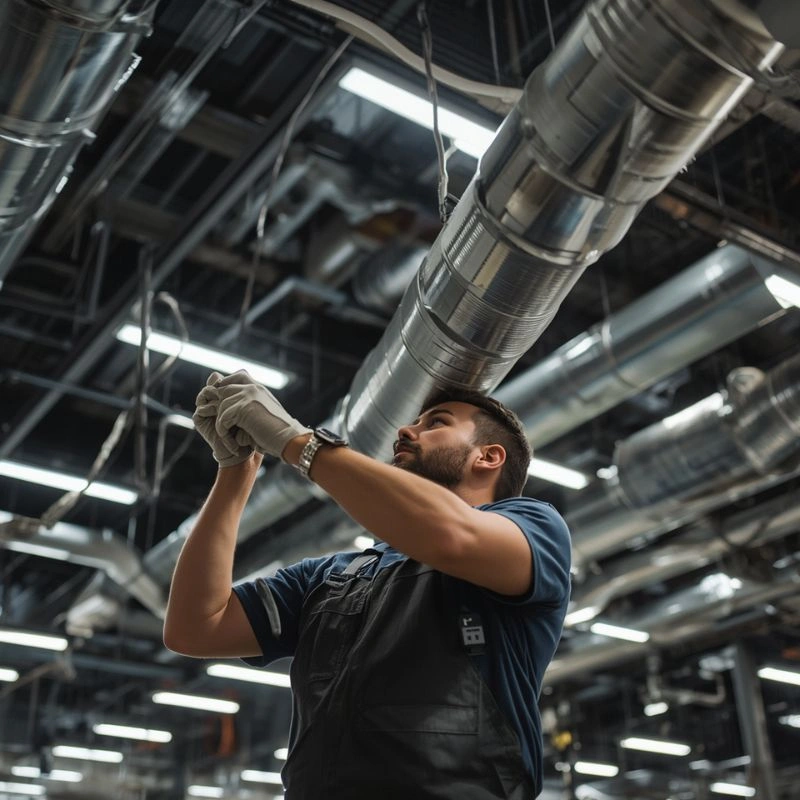 An installer checking structural support hangers along a high ceiling during an hvac vent routing project.