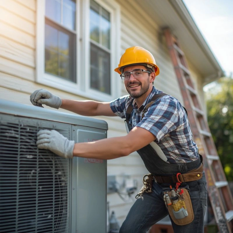 A cheerful HVAC professional wearing safety gear while completing a residential hybrid heating setup in Redlands.