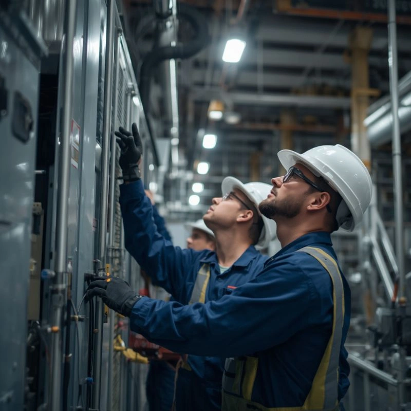 HVAC specialists analyzing mechanical power distributions during an industrial cooling repair project in Fontana.