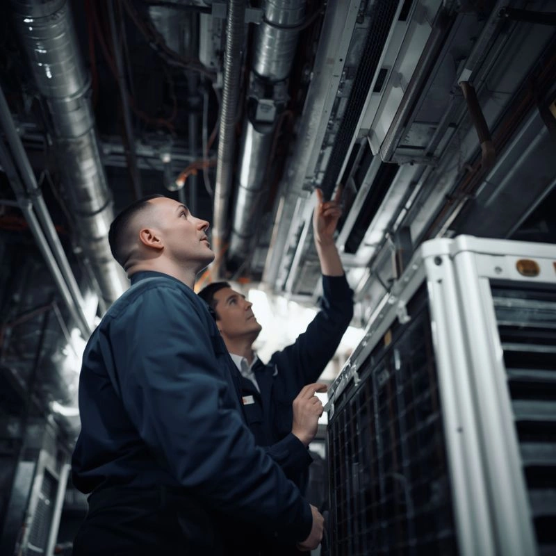 Two technicians looking up to map system paths for a commercial ventilation fix inside an utility building in Ontario.