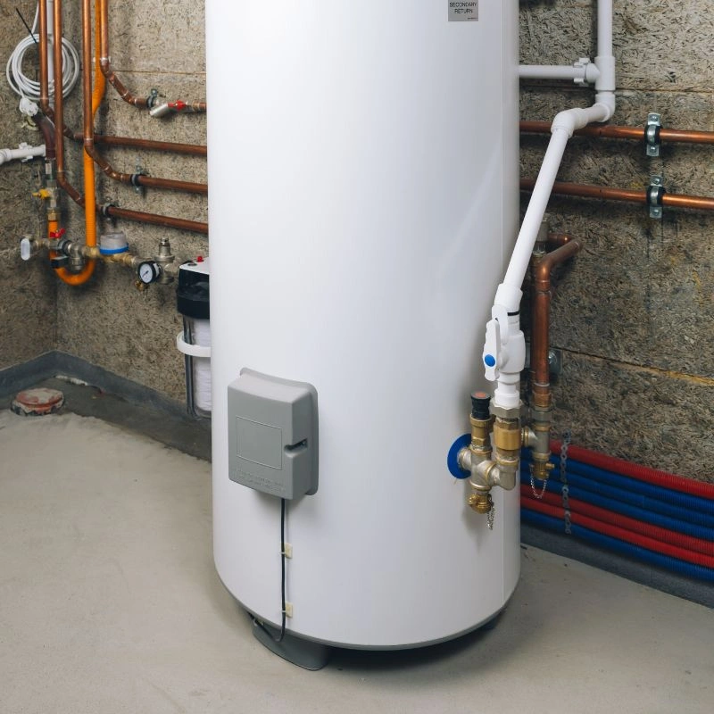 A newly installed white vertical water heater tank with clean copper pipe fittings and connections in a home utility room.
